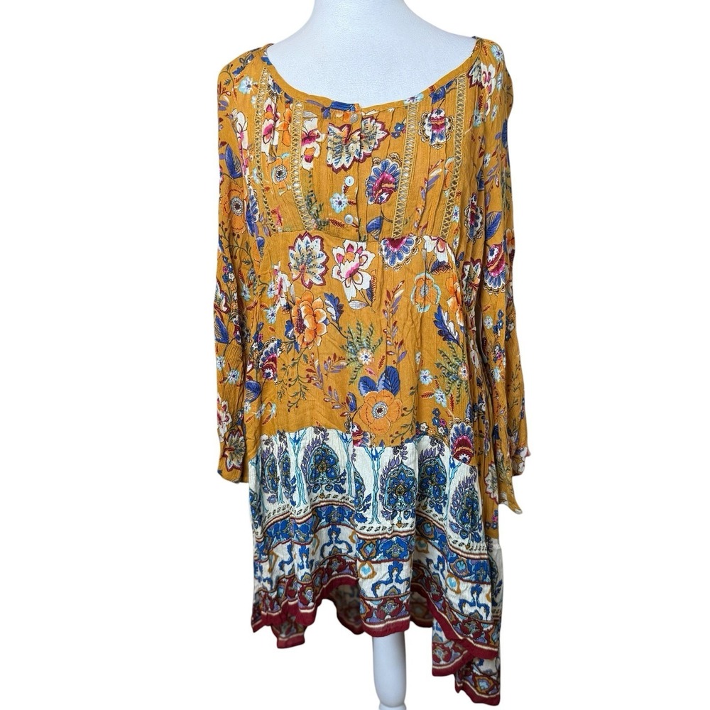 Altar'd State Boho Mini Dress Mustard Yellow Floral Medium Peasant Festival Chic